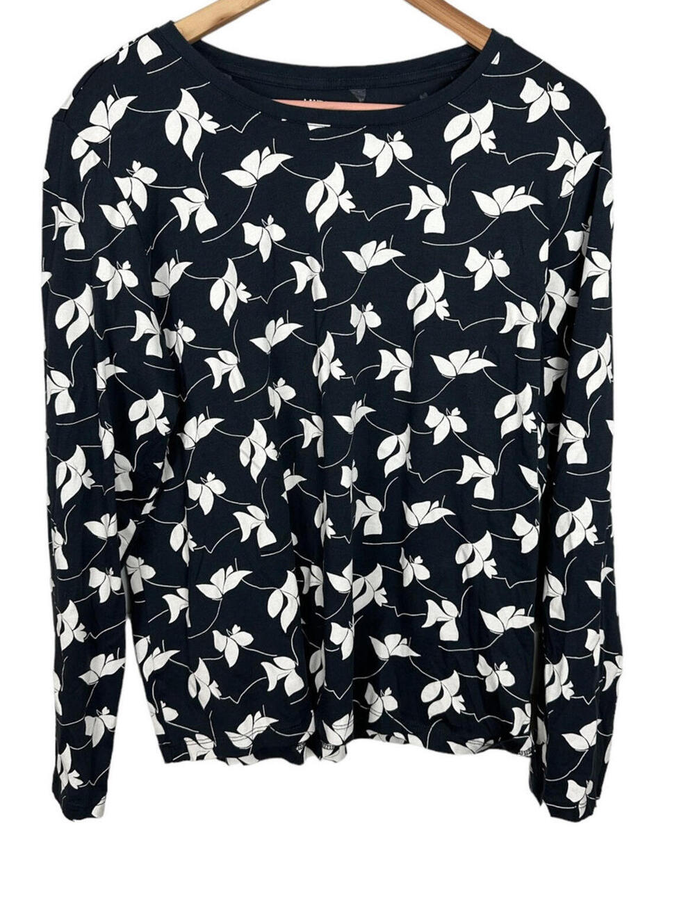 Lands' End Long Sleeve Crewneck T-Shirt Navy Blue White Floral Large Petite